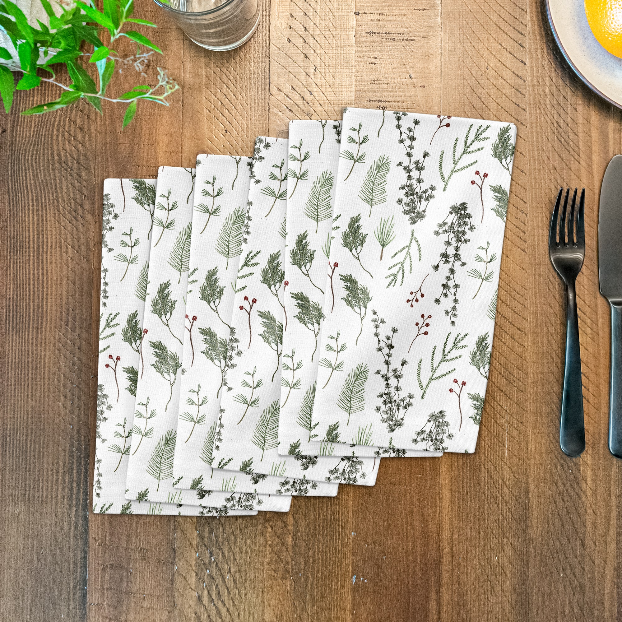 Pine Greenery on White Cotton Twill Napkin